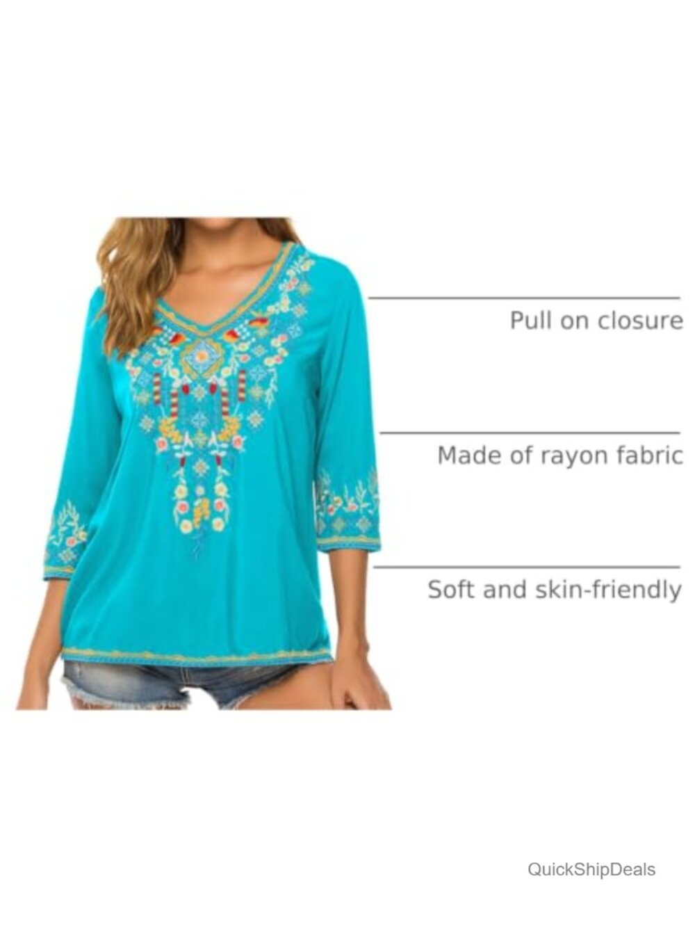 Mexican Embroidered Bohemian Tunic Top V-Neck 3/4 Sleeve Rayon Plus Size - Picture 3 of 6